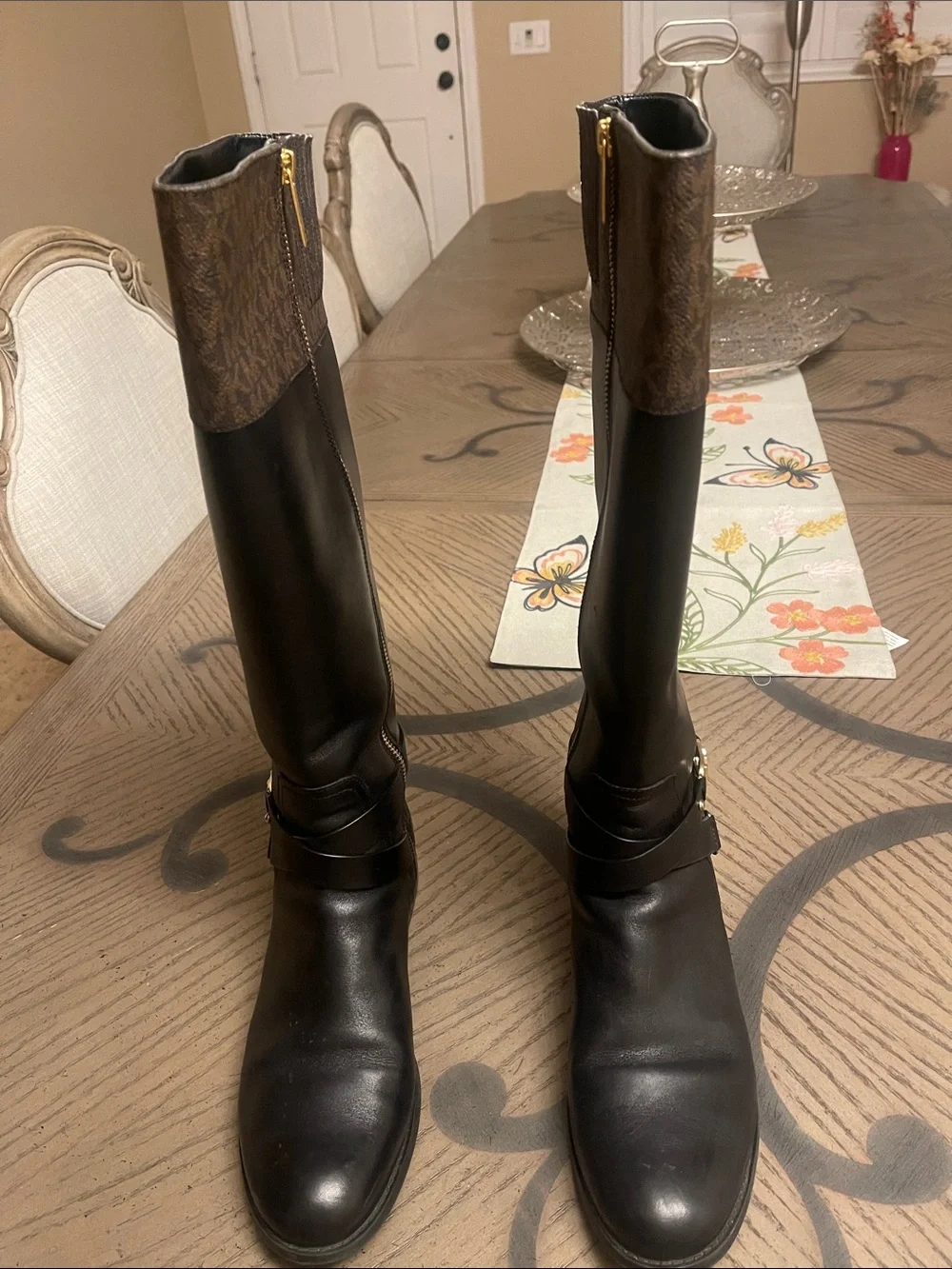 Michael Kors Black & Brown Logo Trim Riding Boots - Picture 3 of 3